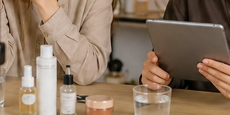 Kosmetyki bez etykiet na stole przed transmisją, obok tablet ze scenariuszem
