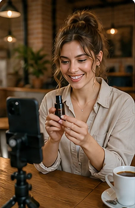 Twórczyni nagrywa rolkę produktową z buteleczką serum